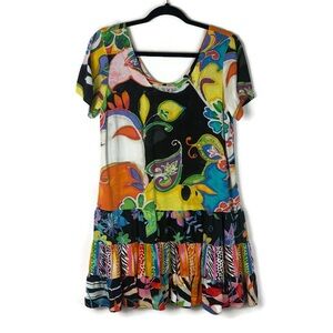 Jams World Abstract Colorful Short Sleeve Ruffle Mini Dress in Black/Multicolor